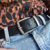 Mens Belt Black Genuine Leather Men Silver Buckles