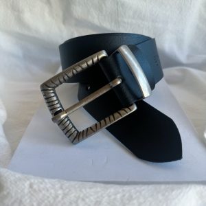 Mens Belt Black Genuine Leather Men Silver Buckles