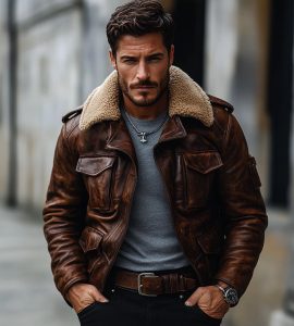 Handmade Distressed Brown Sheepskin Leather Bomber Jacket With