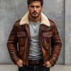 Men's Shearling Bomber Jacket: Distressed Brown Sheepskin Leather