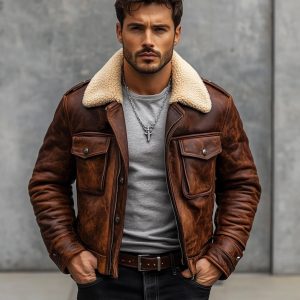 Men's Shearling Bomber Jacket: Distressed Brown Sheepskin Leather