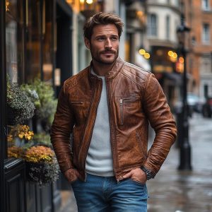 Handmade Sheepskin Brown Leather Motorcycle Jacket