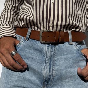 Men S Belt Brown Leather Silver Buckle Western