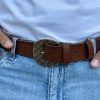 Brown Leather Mens Belt Western Bronze Engraved Buckle