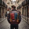 Handcrafted Multicolor Leather Bomber Jacket Faux Fur Collar