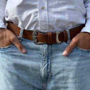 Men S Belt Waxed Brown Leather Western Silver