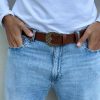 Brown Leather Mens Belt Western Bronze Engraved Buckle