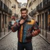 Handcrafted Multicolor Leather Bomber Jacket Faux Fur Collar